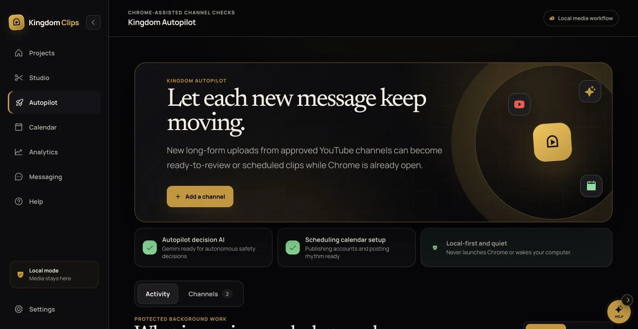 Kingdom Autopilot showing an approved YouTube channel workflow, connected decision AI, calendar setup, and local media processing.