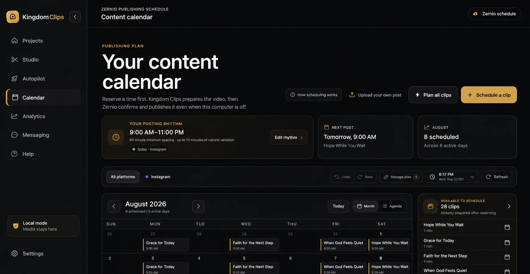 Kingdom Clips Content Calendar showing a posting rhythm, the next post, eight scheduled clips, and a month of planned demo content.
