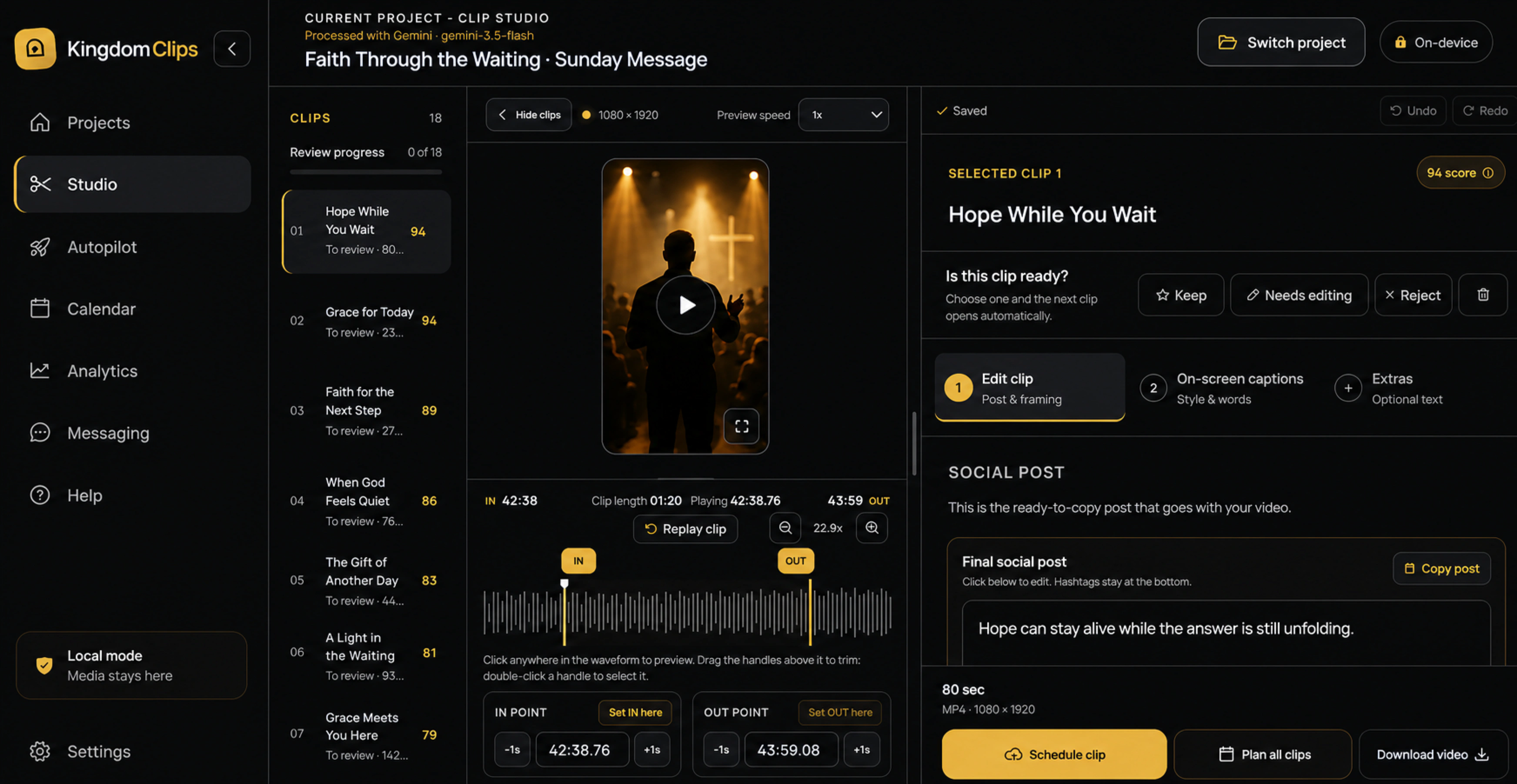 Kingdom Clips Studio showing a list of suggested clips, a phone-shaped video preview, captions, timing controls, and review actions.